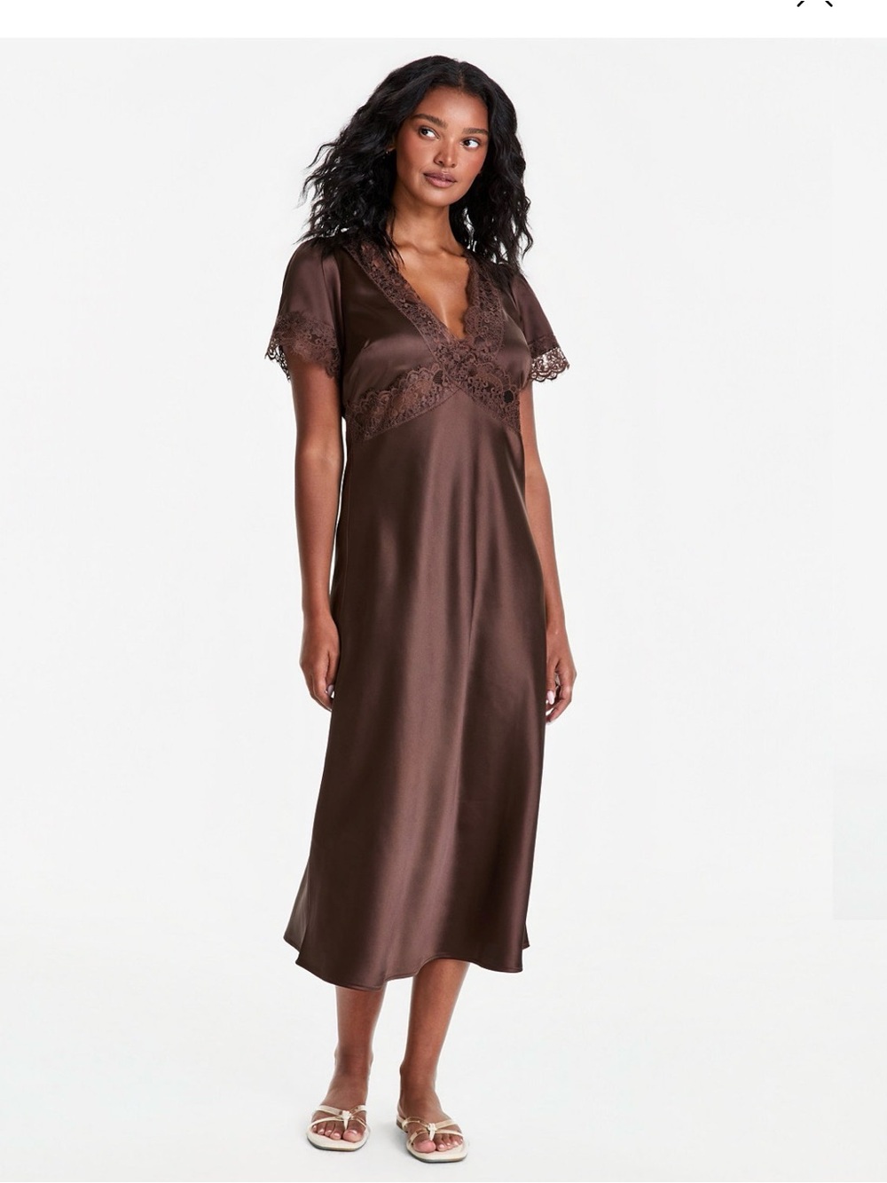 Silky Lace-Trim Brown dress XS